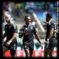 DJ Forbes, David Raikuna and Lote Raikabula (l to r) celebrate after their Cup quarter final victory against Argentina.